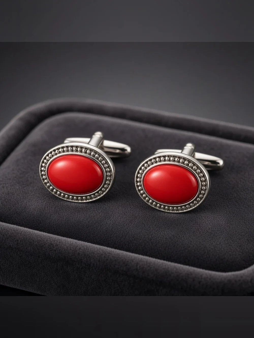 Linea Uomo Silver Tone Red Oval Cabochon Cufflinks